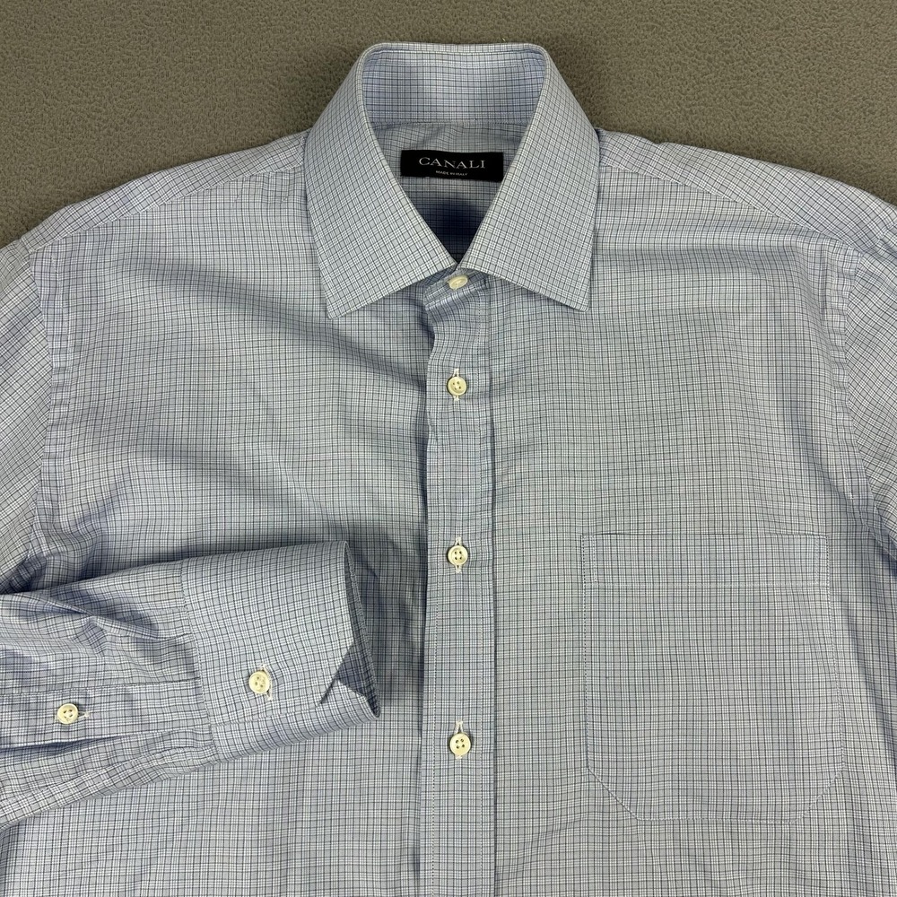 Canali Shirt Mens Medium Blue Plaid‎ Made In Italy Dress Button Front Cotton